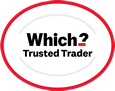 Which? Trusted Trader text icon in a red oval